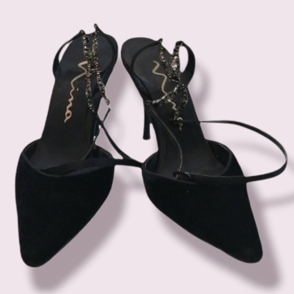 Nina Velvet Strappy Heels w/ Jewels on Str…